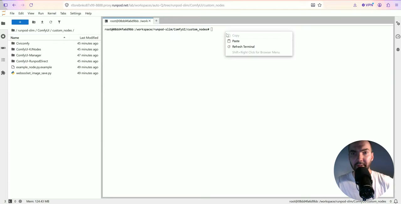 JupyterLab terminal open in the ComfyUI custom_nodes folder