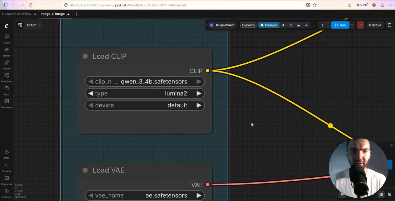 The Load CLIP node with qwen_3_4b.safetensors and type lumina2, and the Load VAE node with ae.safetensors