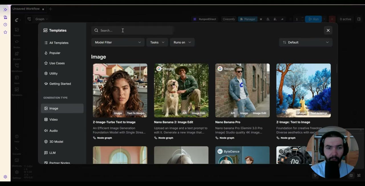 ComfyUI's template browser showing image templates including Z-Image-Turbo Text to Image