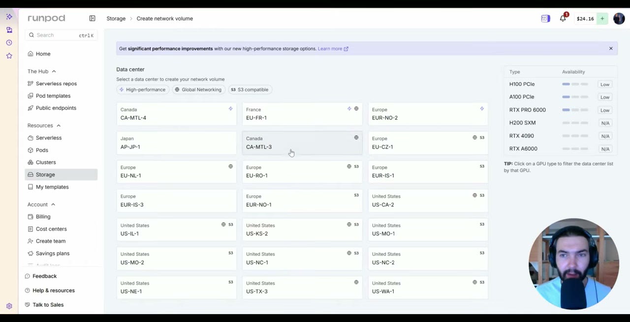 RunPod's Create network volume page with a grid of data centers in Europe, North America and Asia