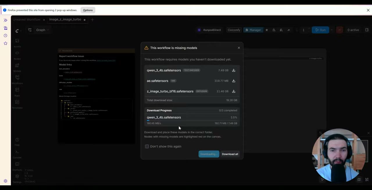 ComfyUI's missing models dialog listing qwen_3_4b, ae and z_image_turbo_bf16 with download progress