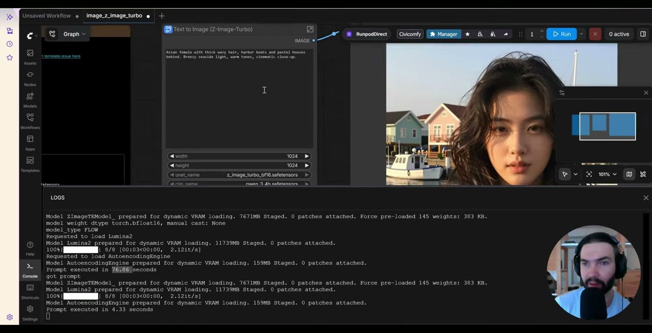 A portrait generated with Z-Image Turbo in ComfyUI in about four seconds, with the console log below