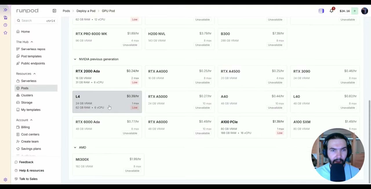 RunPod's GPU list with an L4 at $0.39 an hour highlighted